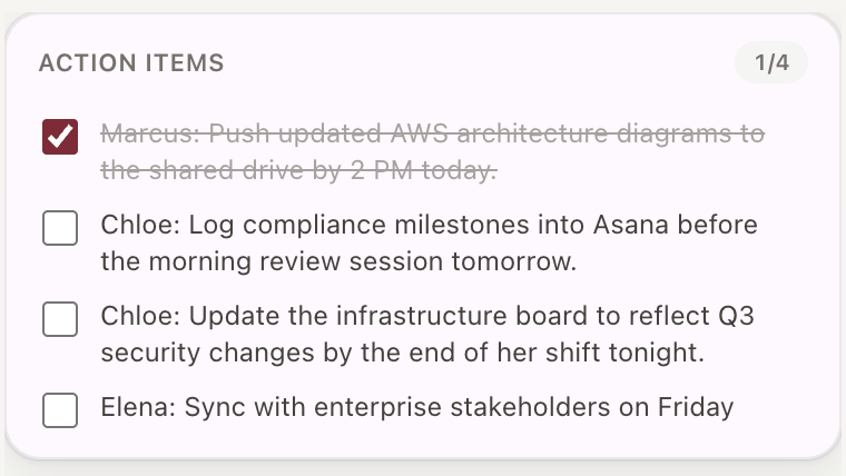 Plumkin action items board showing extracted meeting tasks