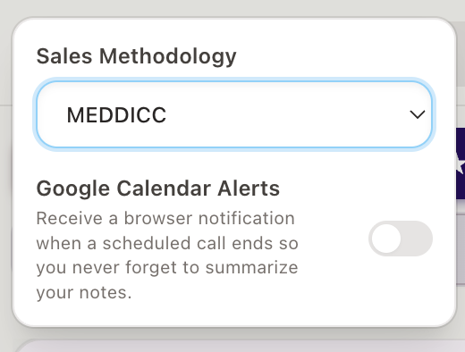 Plumkin sales methodology settings showing MEDDICC framework selection